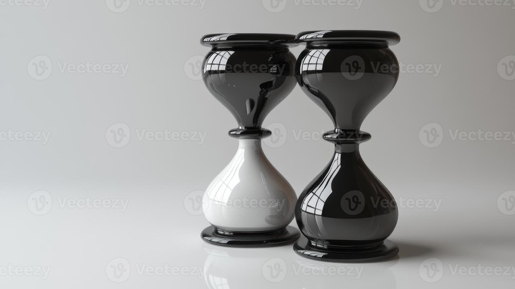 Two elegant, glossy hourglasses, one black and one white, placed side by side on a reflective surface, symbolizing the contrast of time and balance. photo