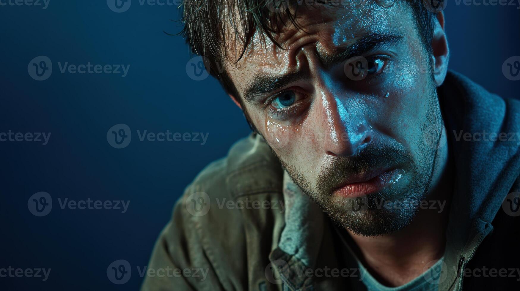 Close-up of a sad man with a furrowed brow and a tear rolling down his face, conveying deep emotion and sorrow against a dark background. photo