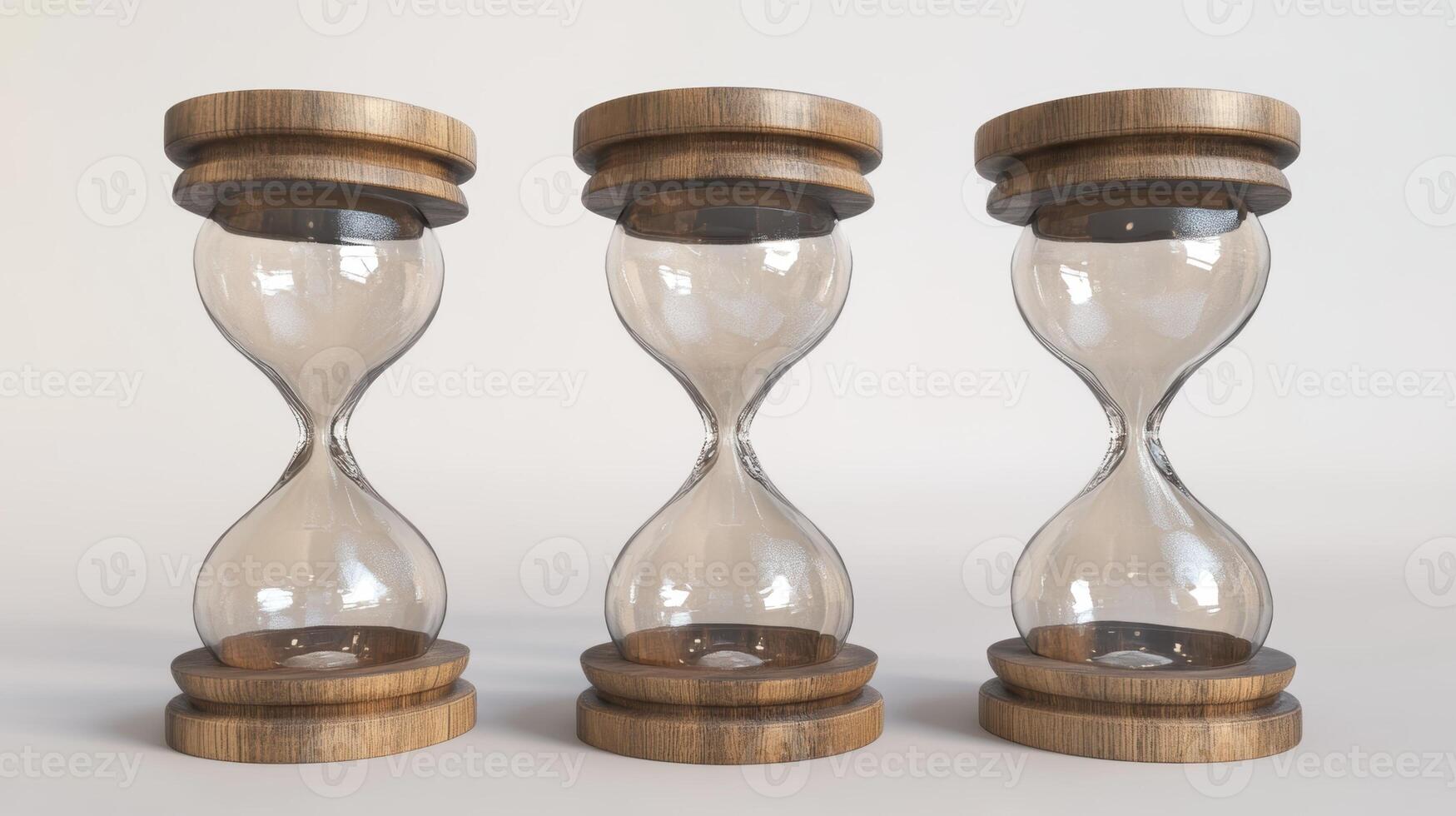 A set of three elegant hourglasses with wooden bases and clear glass chambers, displaying a classic and timeless design against a neutral background. photo