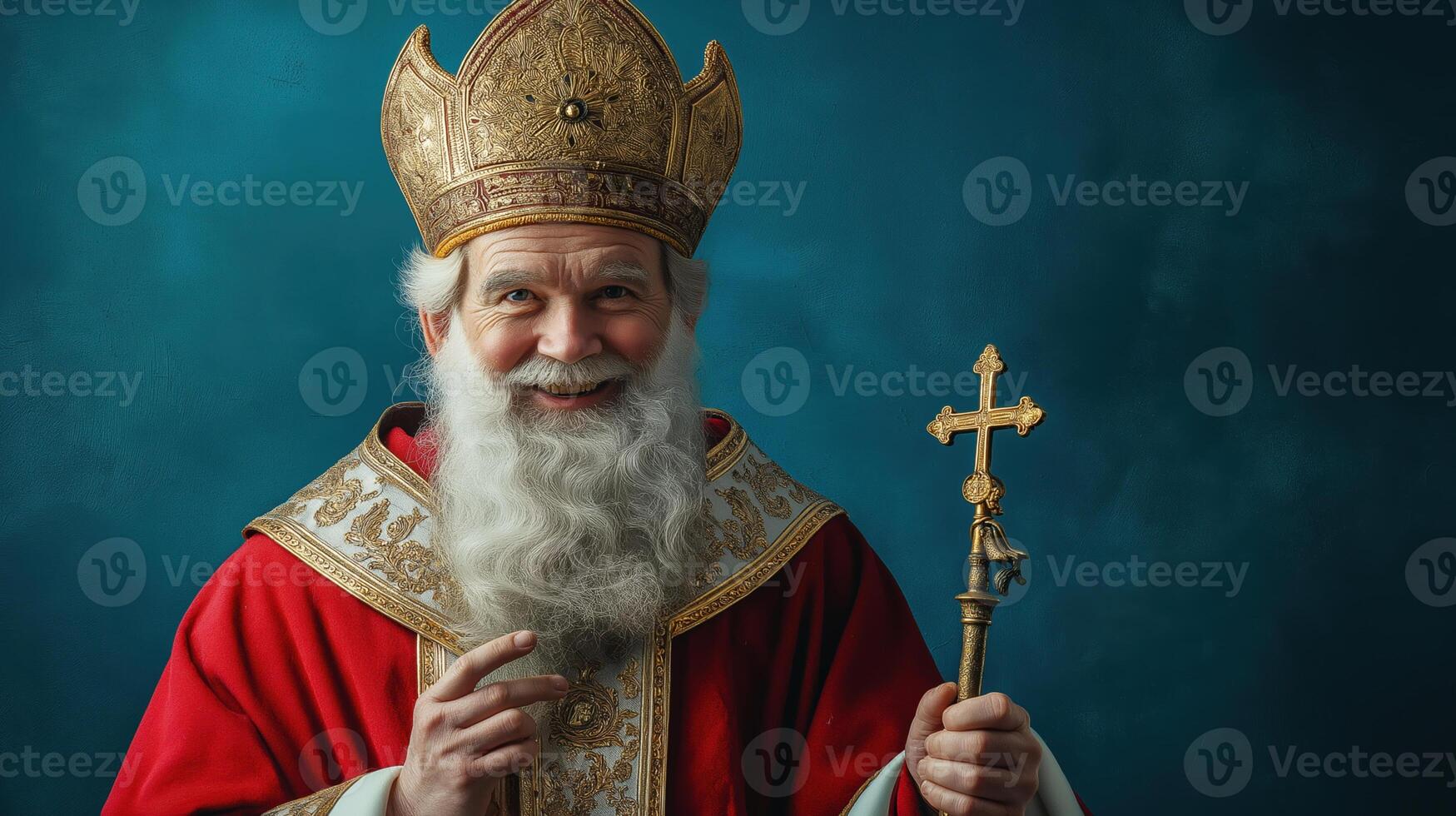 Good Saint Nicholas with a gentle smile, wearing a red bishop's robe with gold accents and holding a crozier, standing against a bright blue background. photo