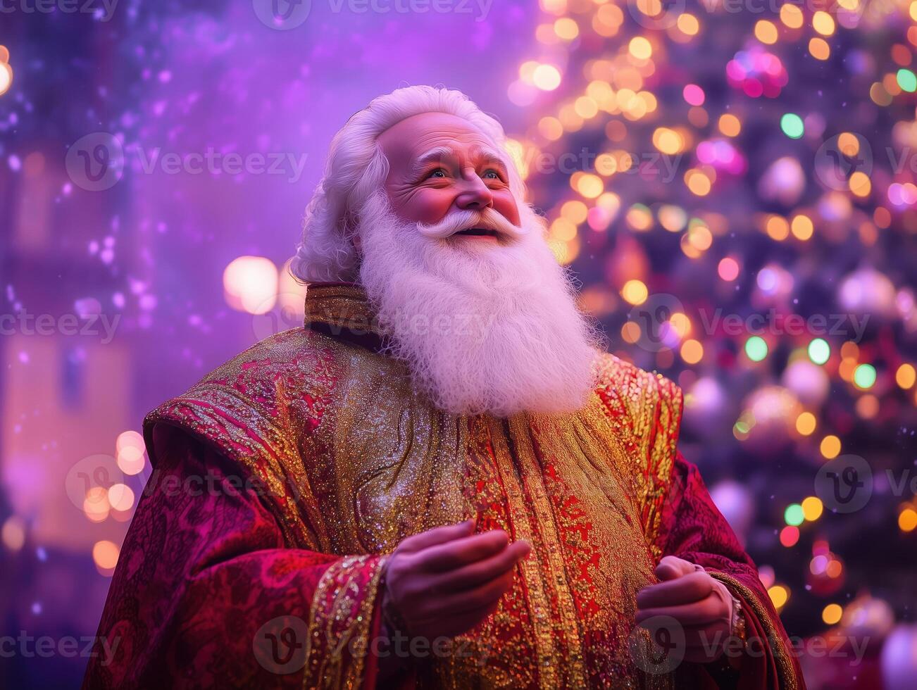 A joyful Saint Nicholas with a long white beard, dressed in a golden robe with red trim, standing in front of a brightly lit Christmas tree, set against a festive purple background. photo