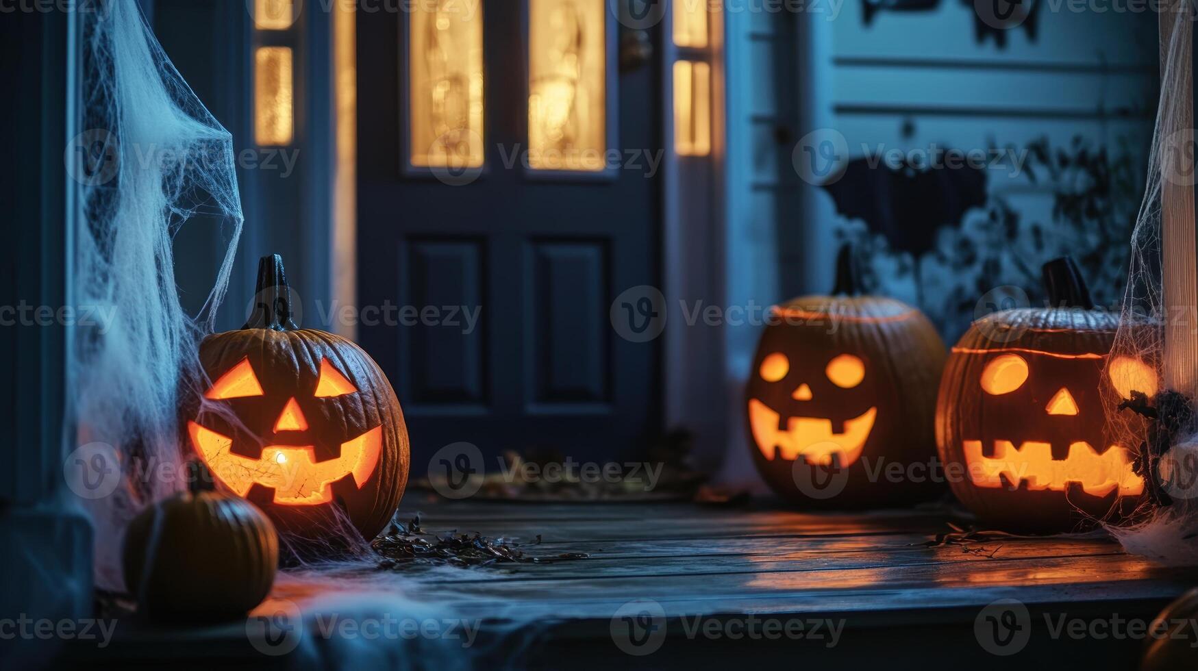 Halloween porch decorated with glowing Jack-O'-Lanterns, cobwebs, and spooky lighting, creating a haunting atmosphere perfect for trick-or-treat night. photo