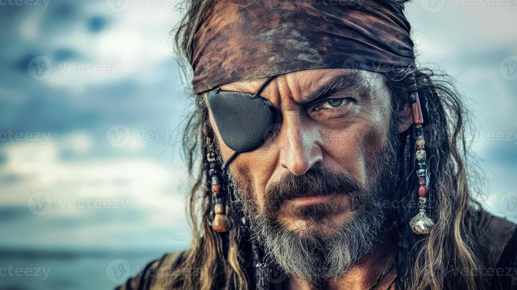 A rugged pirate with an eyepatch stands against a sea background, blending natural and mixed lighting for a dramatic, modern street style look. photo