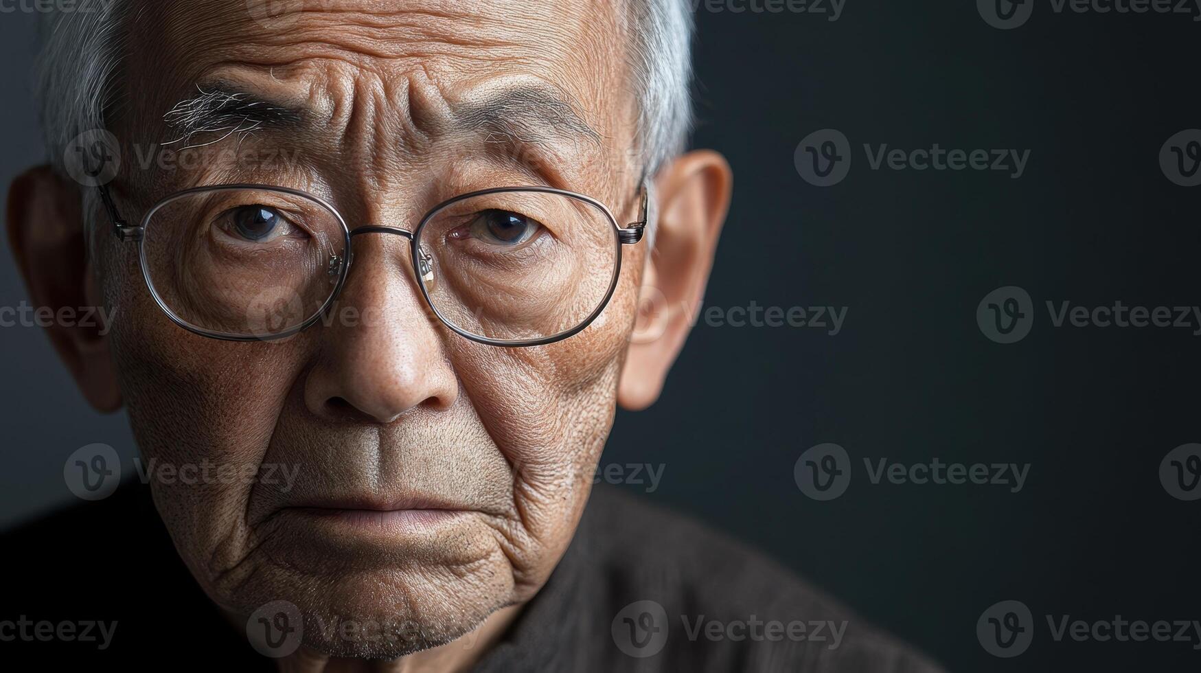 Portrait of an elderly Asian man wearing glasses, displaying deep sadness. Gray background with subtle lighting emphasizes his somber expression. photo