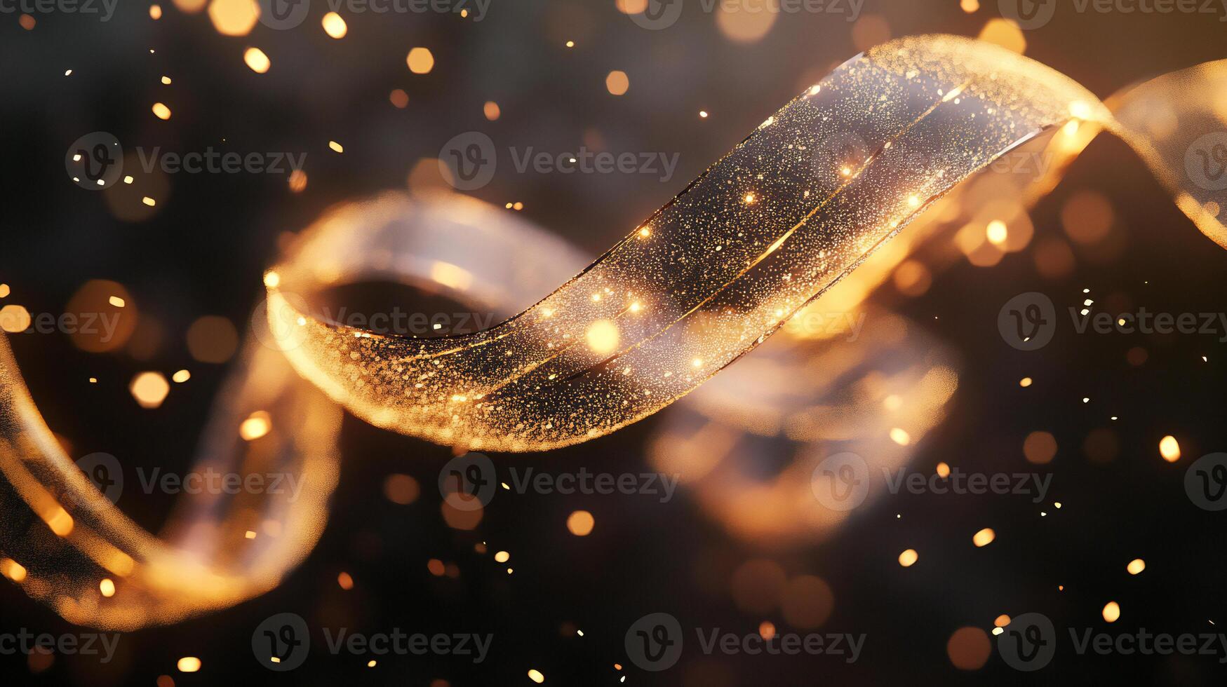 A close-up of a shimmering golden ribbon floating gracefully, illuminated by warm, glowing bokeh lights in a festive atmosphere. photo