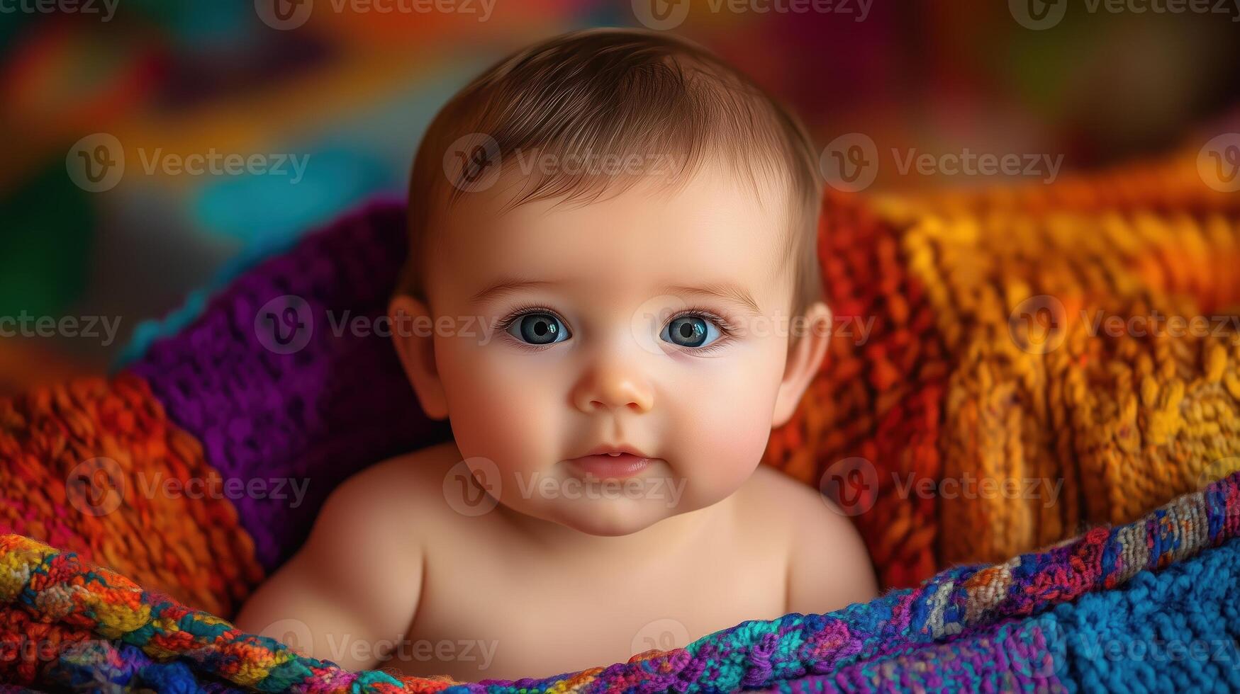 Joyful baby laughing against a vibrant, colorful bokeh background, capturing a playful and cheerful mood with bright lighting. photo