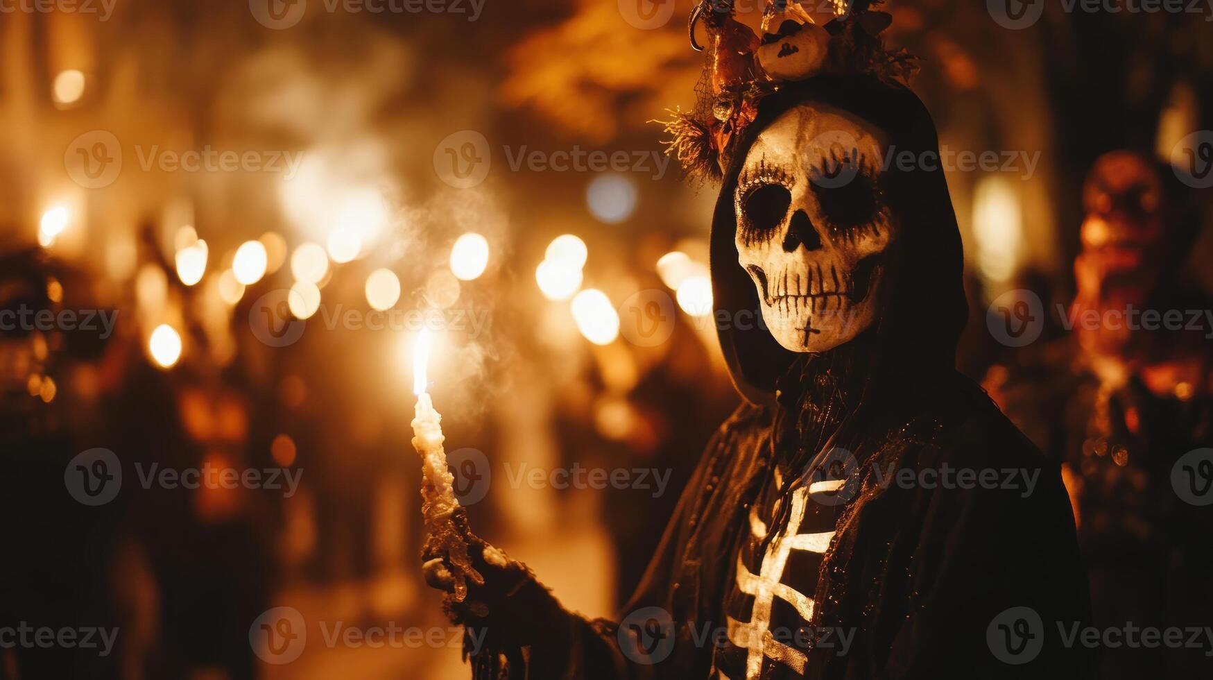Crowd dressed in skeleton costumes during a nighttime Halloween parade, holding glowing lanterns and creating a spooky festive atmosphere. photo