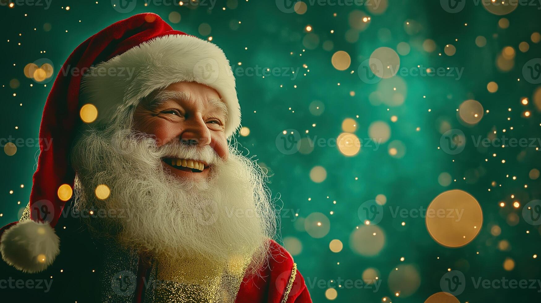 Babbo Natale with a big smile, dressed in a red suit with gold accents, standing against a vibrant green background filled with festive light bokeh. photo
