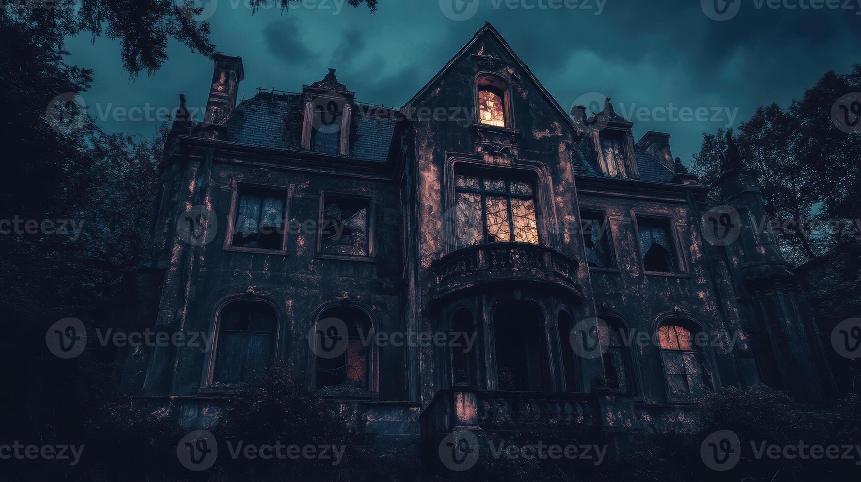 Haunted abandoned hotel with broken windows in a dark, eerie atmosphere. photo