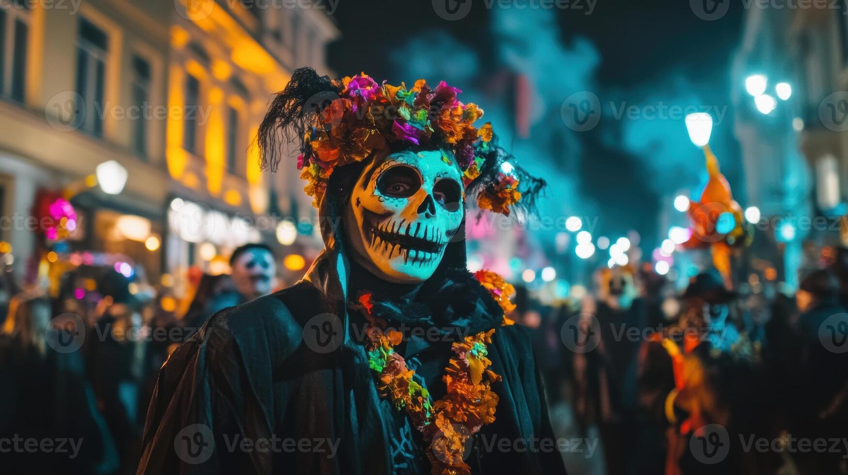 Crowd dressed in skeleton costumes during a nighttime Halloween parade, holding glowing lanterns and creating a spooky festive atmosphere. photo
