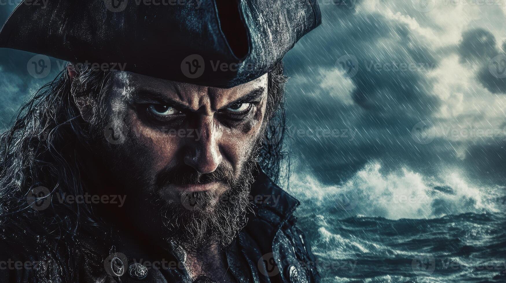 A rugged pirate captain gazes intently against a stormy ocean backdrop, embodying strength, leadership, and adventure on the high seas. photo