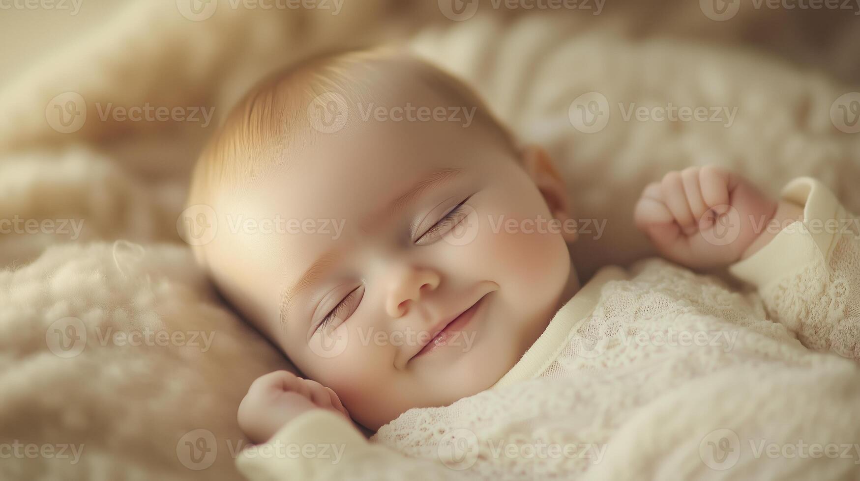 Happy baby smiling against a warm, golden bokeh background, creating a soft and joyful atmosphere. photo