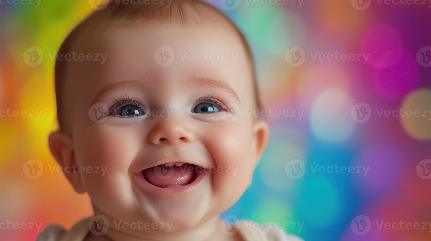 Joyful baby laughing against a vibrant, colorful bokeh background, capturing a playful and cheerful mood with bright lighting. photo