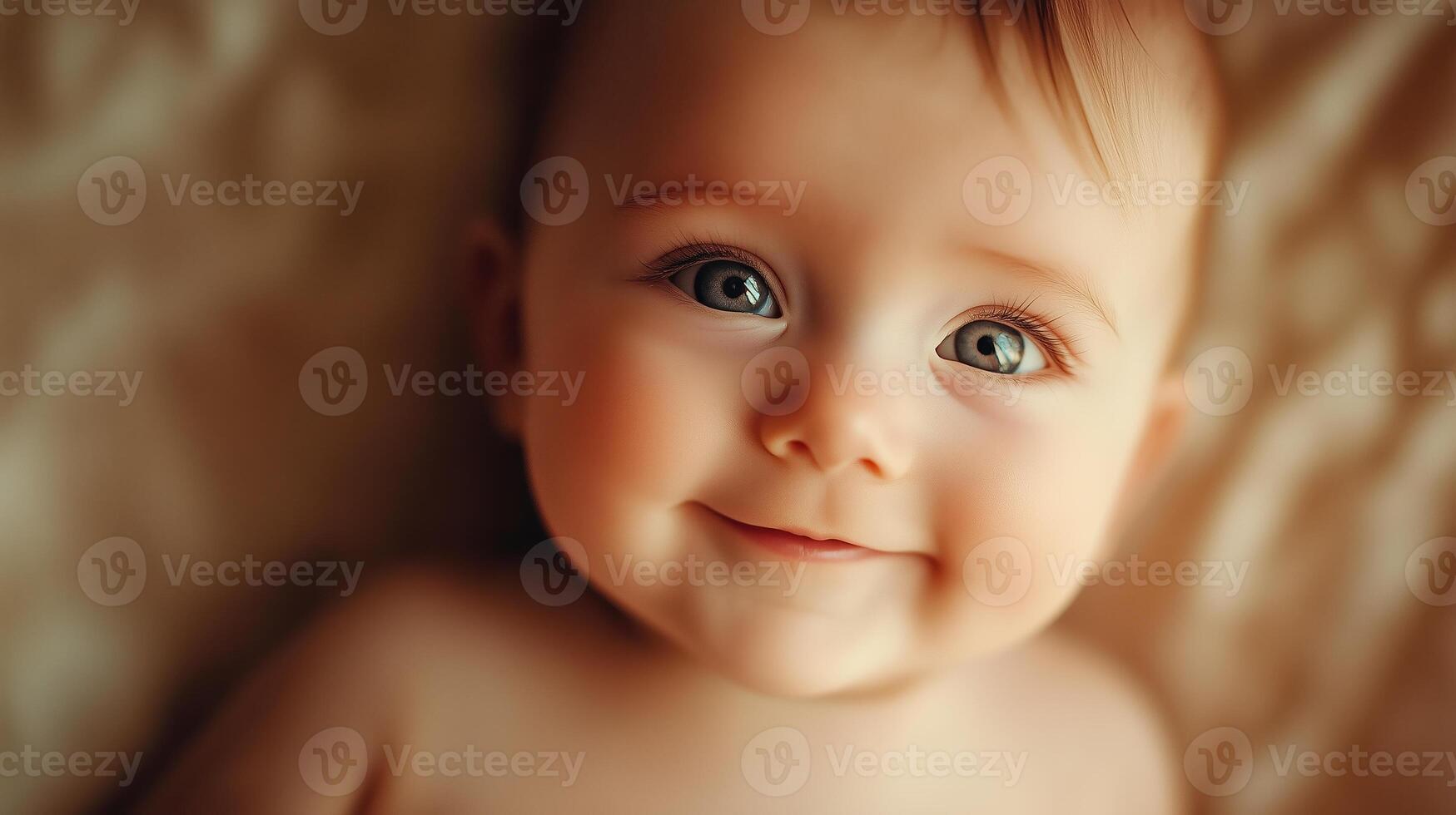 Happy baby smiling against a warm, golden bokeh background, creating a soft and joyful atmosphere. photo