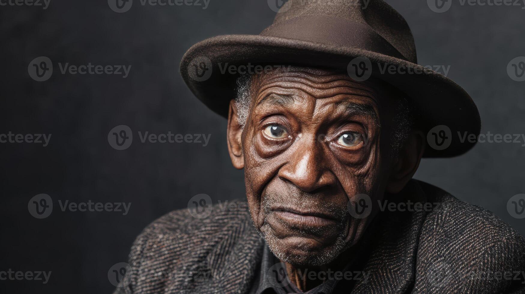 Portrait of an elderly African man with a wrinkled face, wearing a hat and coat, displaying exaggerated confusion against a gray background with subtle lighting. photo