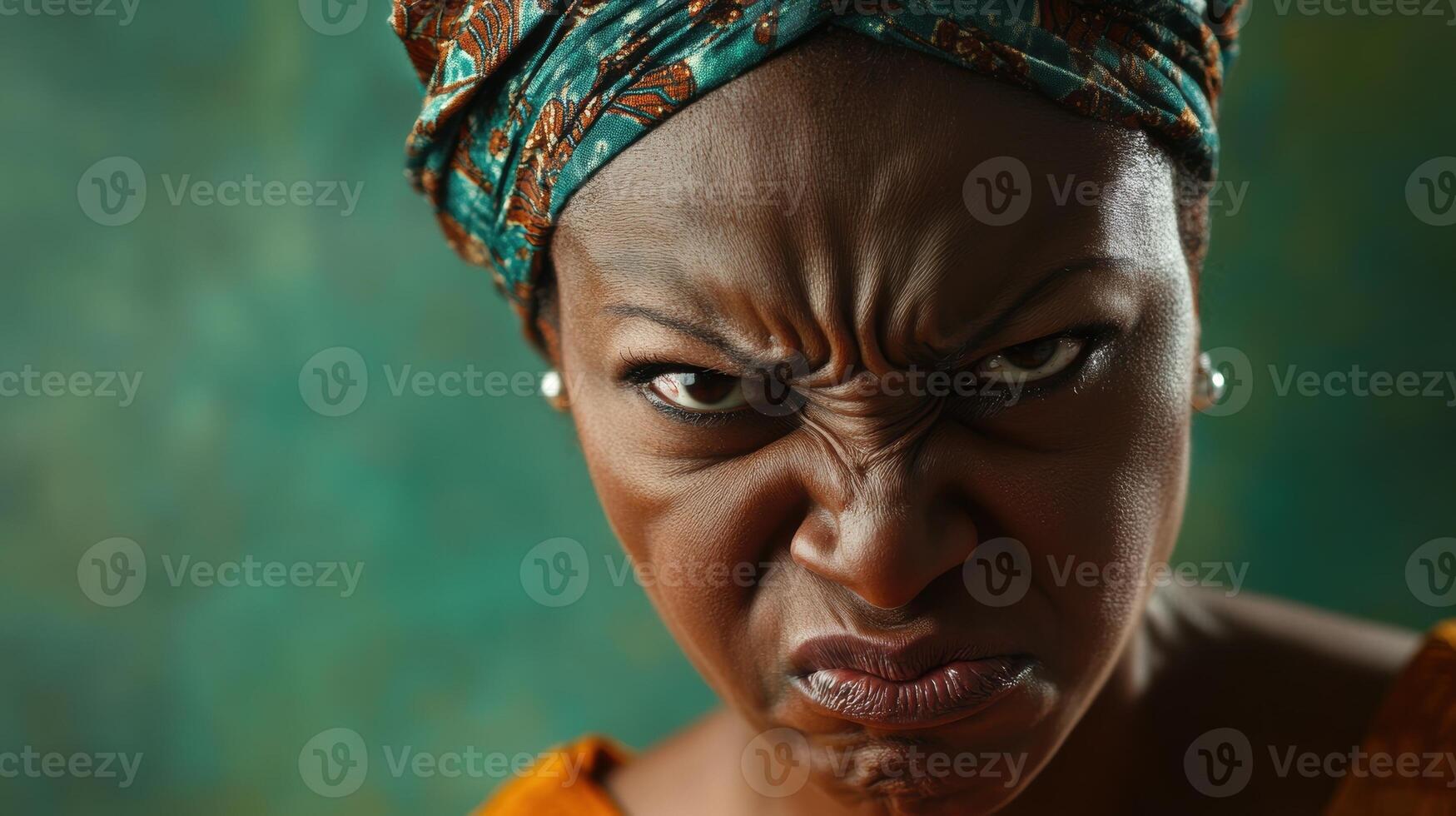 Close-up of an angry woman with a deeply furrowed brow and intense expression, wearing a colorful headscarf, set against a dark green background. photo