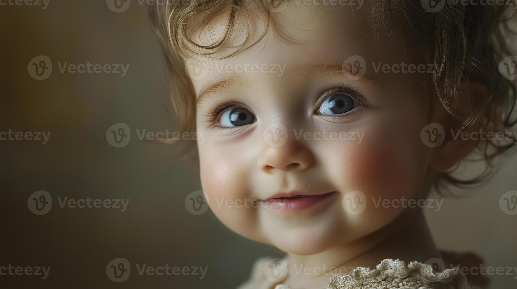 Happy baby smiling against a warm, golden bokeh background, creating a soft and joyful atmosphere. photo