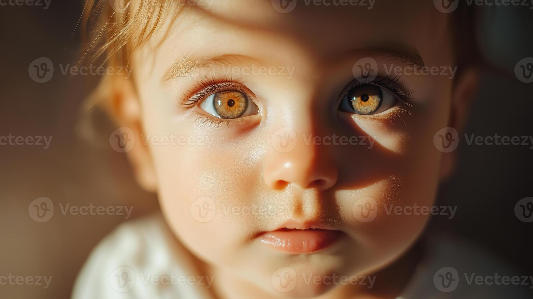 Happy baby smiling against a warm, golden bokeh background, creating a soft and joyful atmosphere. photo