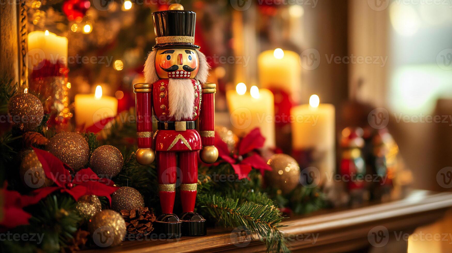 A classic red nutcracker stands amid lit candles, Christmas ornaments, and wrapped gifts, creating a cozy holiday atmosphere. photo
