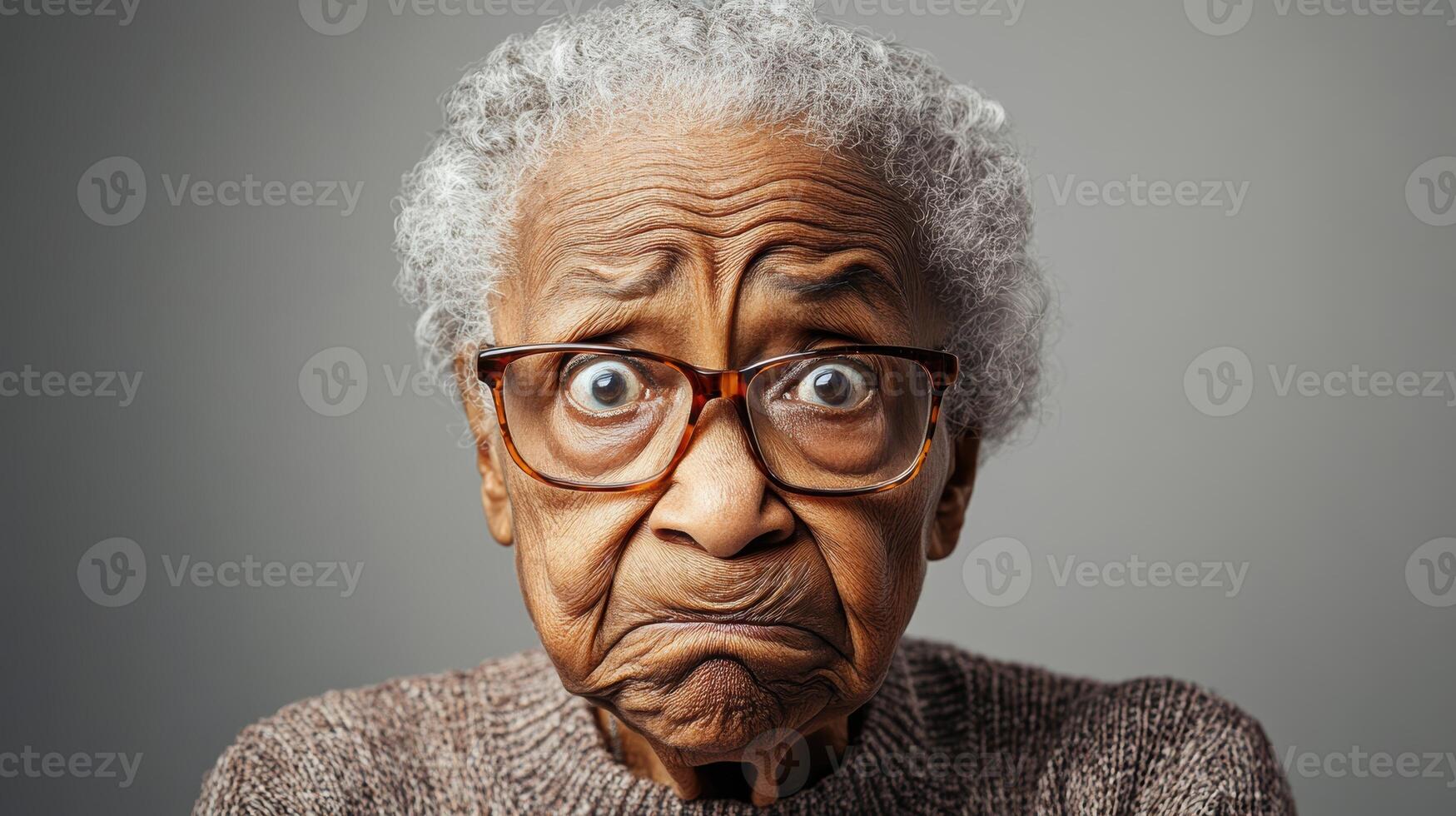 Portrait of an elderly African woman with a wrinkled face and glasses, showing exaggerated confusion against a gray background with soft lighting. photo