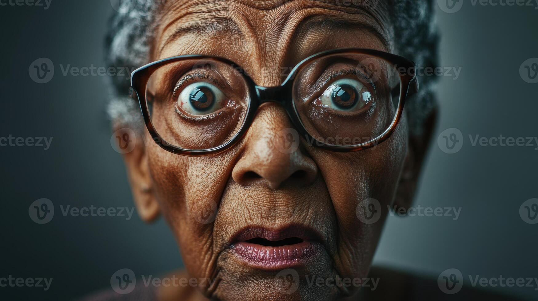 Portrait of an elderly African woman with a wrinkled face and glasses, showing exaggerated confusion against a gray background with soft lighting. photo