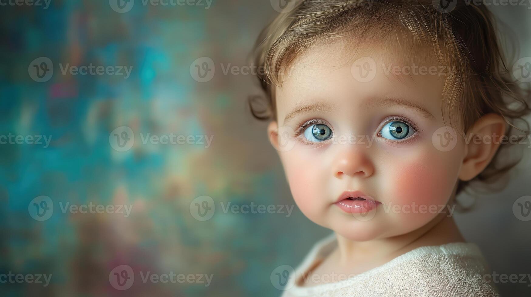 Joyful baby laughing against a vibrant, colorful bokeh background, capturing a playful and cheerful mood with bright lighting. photo