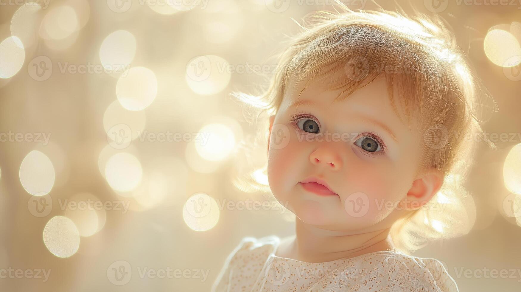 Happy baby smiling against a warm, golden bokeh background, creating a soft and joyful atmosphere. photo