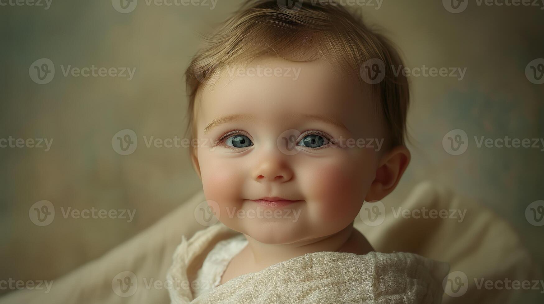 Happy baby smiling against a warm, golden bokeh background, creating a soft and joyful atmosphere. photo