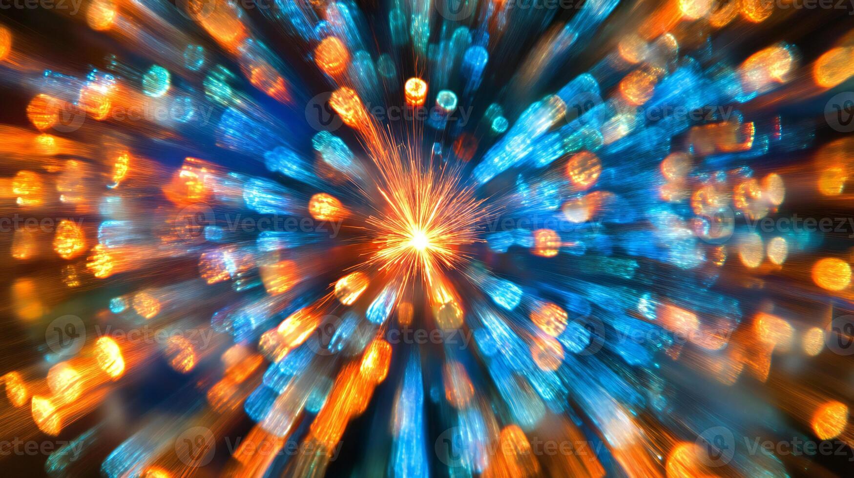 A dynamic burst of blue and orange light beams, creating a vibrant, abstract display of motion and energy. photo