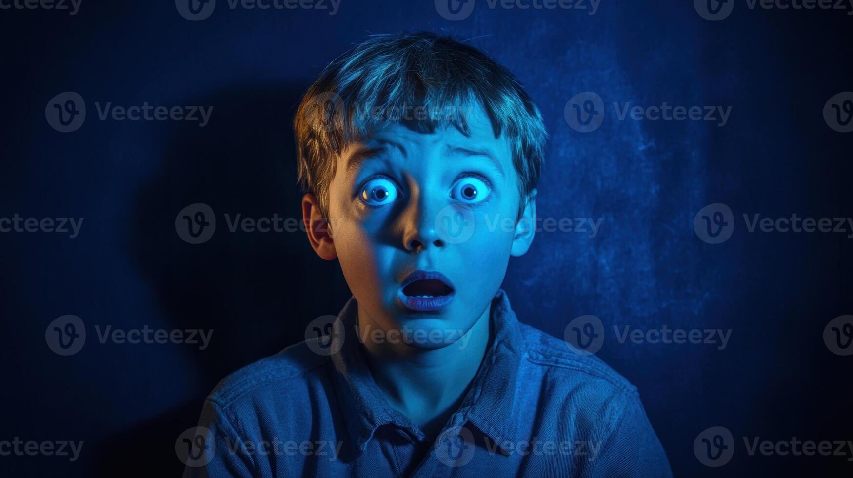 Portrait of a young Caucasian boy expressing exaggerated fear with wide eyes, set against a dark blue background and dramatic lighting, wearing a casual shirt. photo