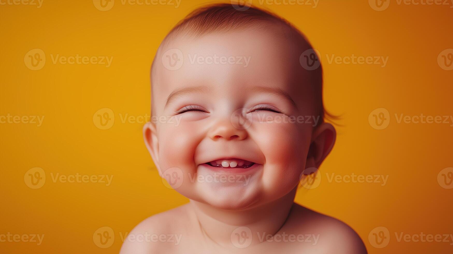 Happy baby smiling against a warm, golden bokeh background, creating a soft and joyful atmosphere. photo