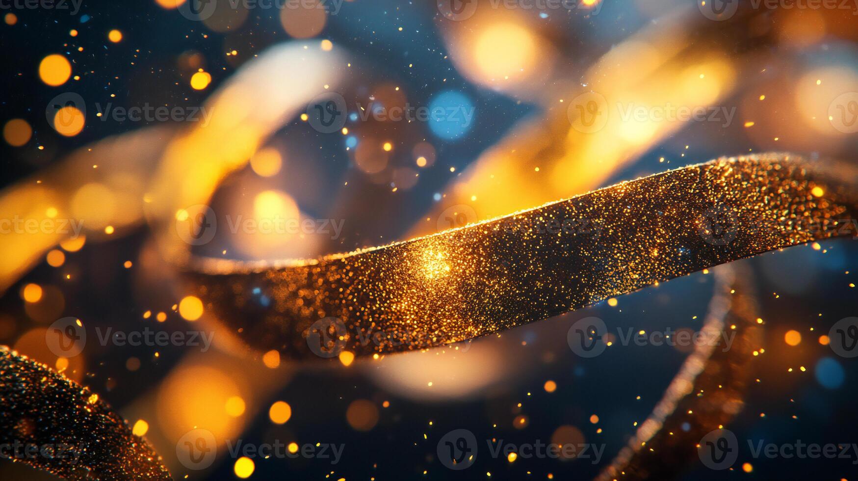 A sparkling gold and silver ribbon twists gracefully against a backdrop of warm bokeh lights, creating an elegant and festive holiday scene. photo