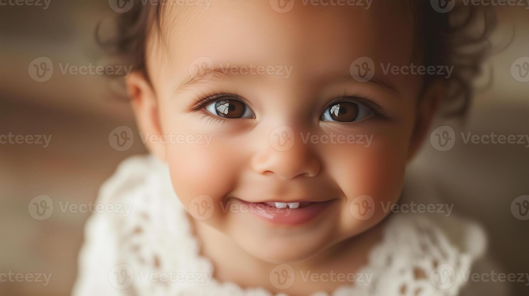 Happy baby smiling against a warm, golden bokeh background, creating a soft and joyful atmosphere. photo