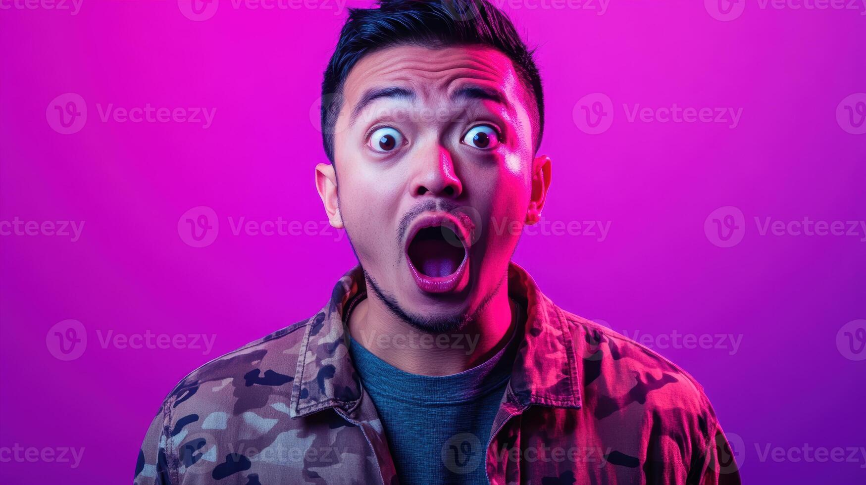 Close-up of a young man with a shocked, wide-eyed expression, illuminated by colorful lighting against a purple background. photo