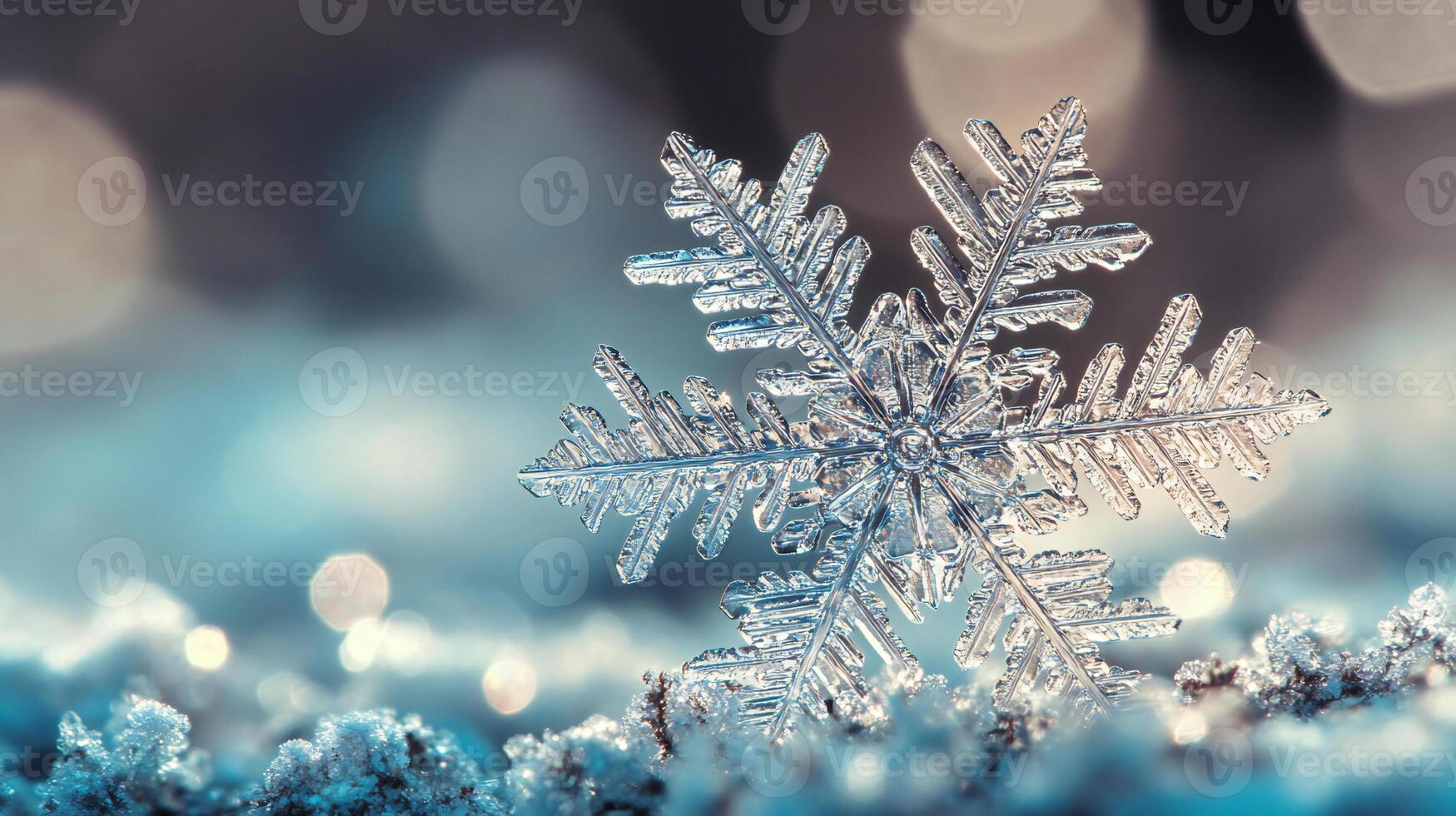 A delicate crystal snowflake ornament sparkles in soft, warm light, surrounded by shimmering ice crystals, creating a peaceful winter scene. photo