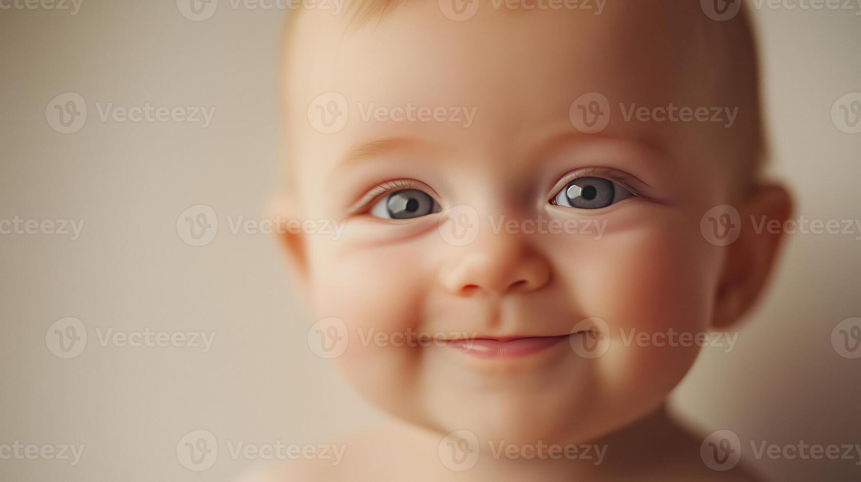 Happy baby smiling against a warm, golden bokeh background, creating a soft and joyful atmosphere. photo