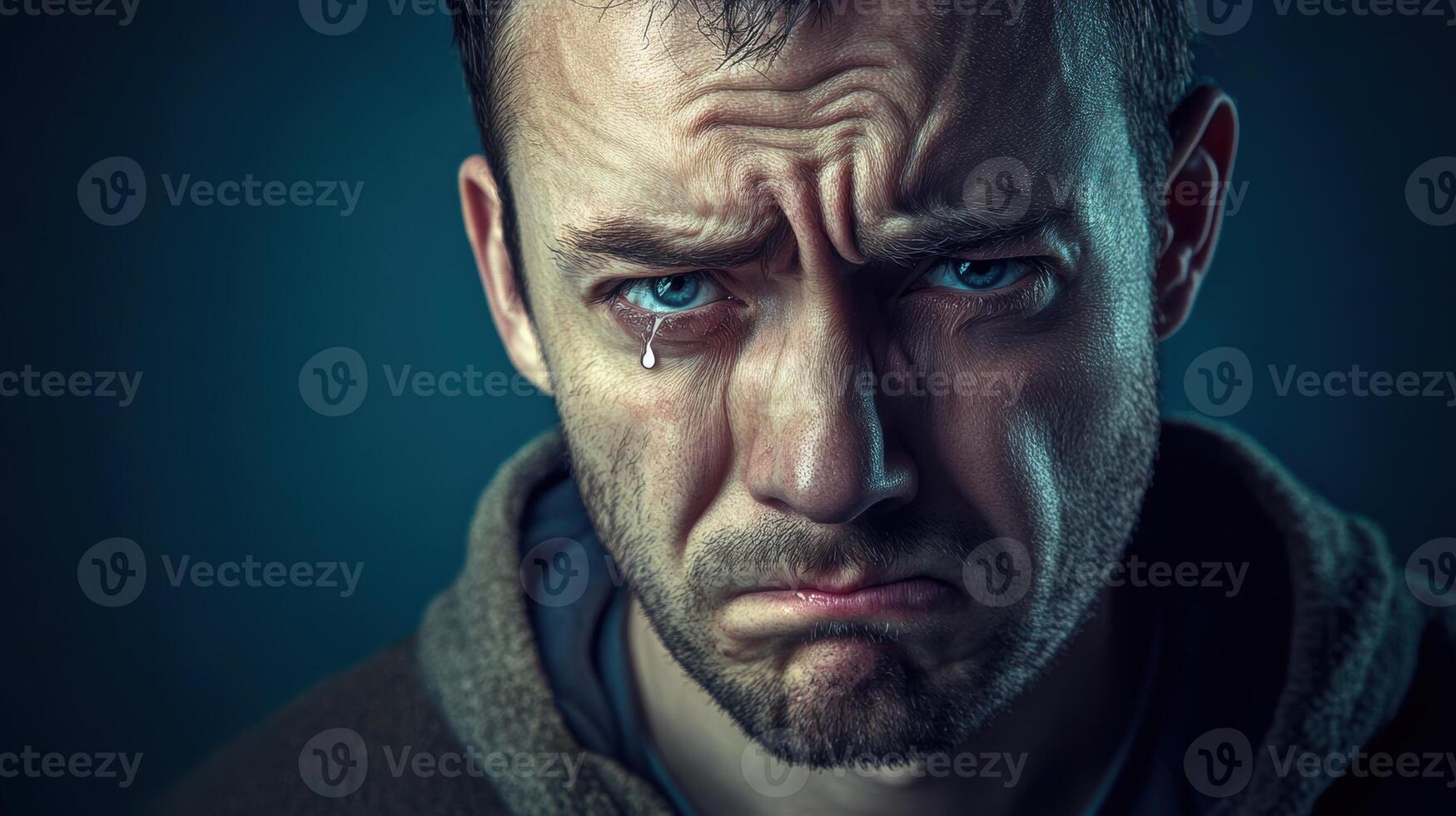 Close-up of a sad man with a furrowed brow and a tear rolling down his face, conveying deep emotion and sorrow against a dark background. photo
