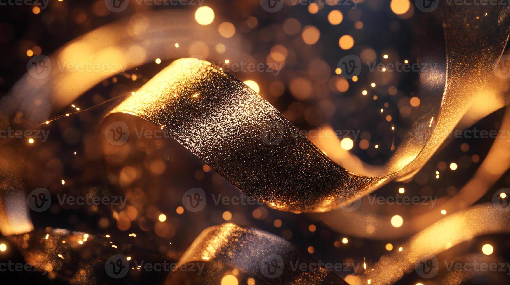 A shimmering golden ribbon sparkles against a backdrop of warm, glowing lights, evoking a festive and celebratory atmosphere. photo