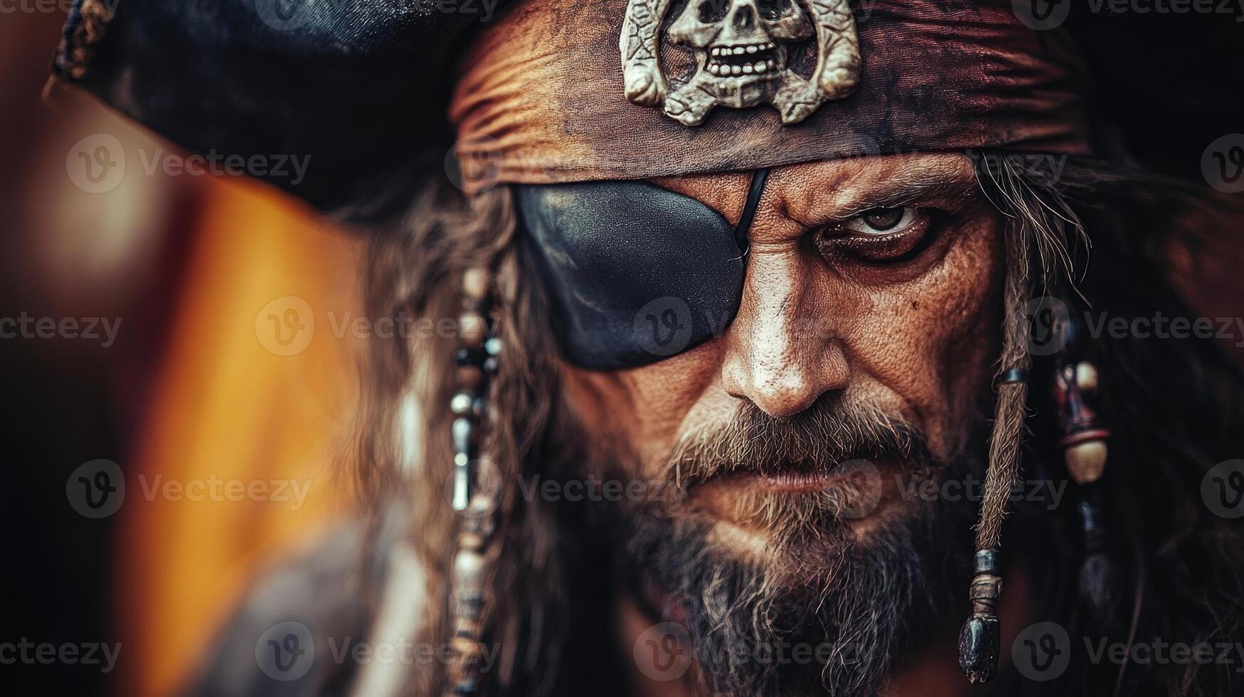 A rugged pirate with an eyepatch stands against a sea background, blending natural and mixed lighting for a dramatic, modern street style look. photo