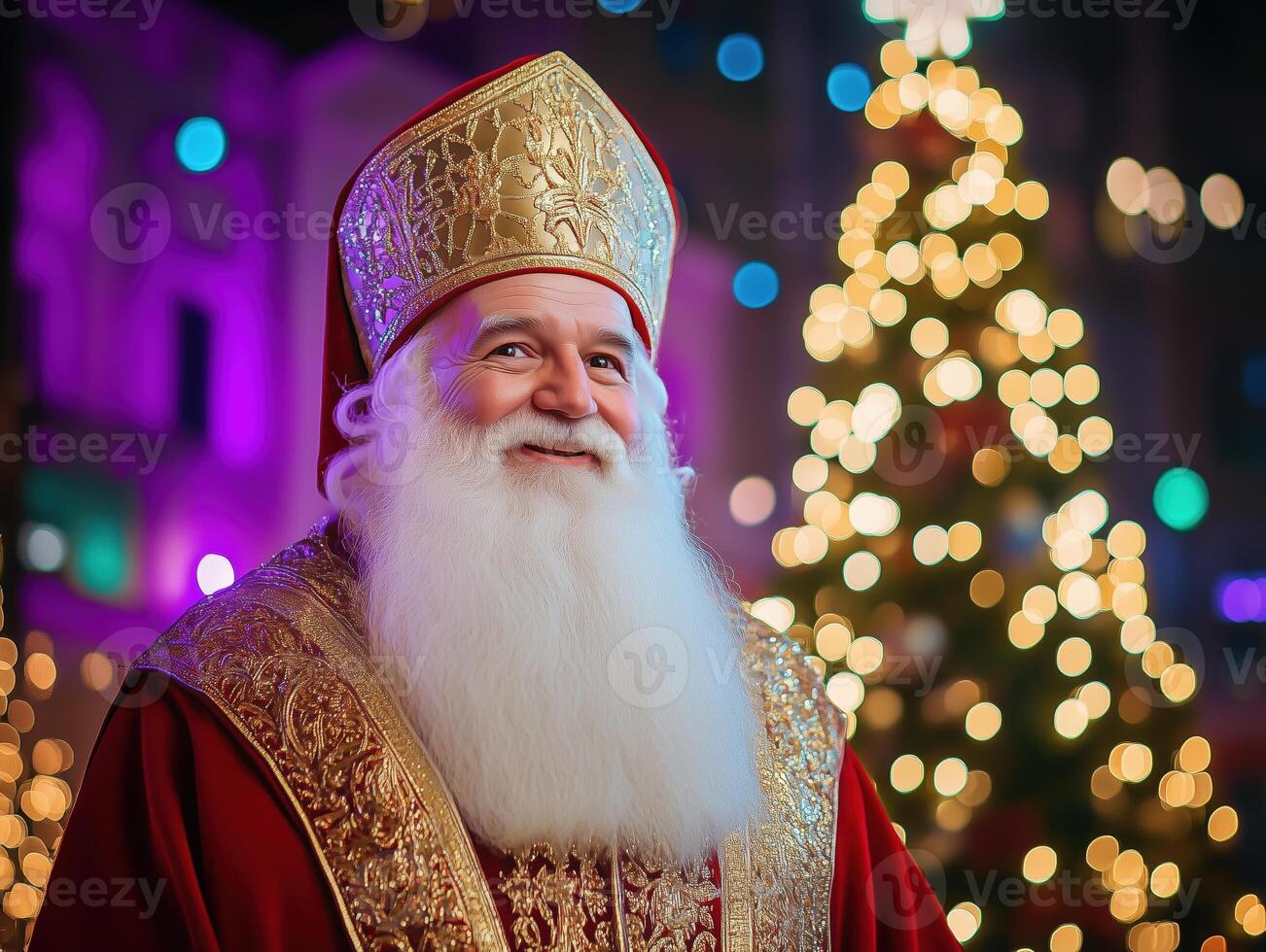 A joyful Saint Nicholas with a long white beard, dressed in a golden robe with red trim, standing in front of a brightly lit Christmas tree, set against a festive purple background. photo