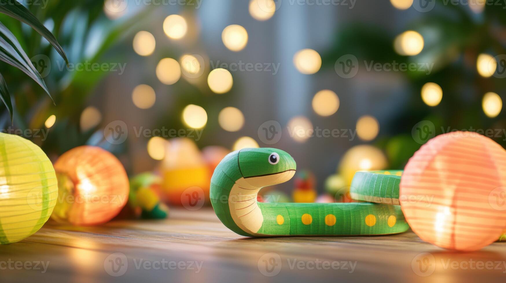 Adorable green snake with colorful patterns, handcrafted for children's enjoyment. photo