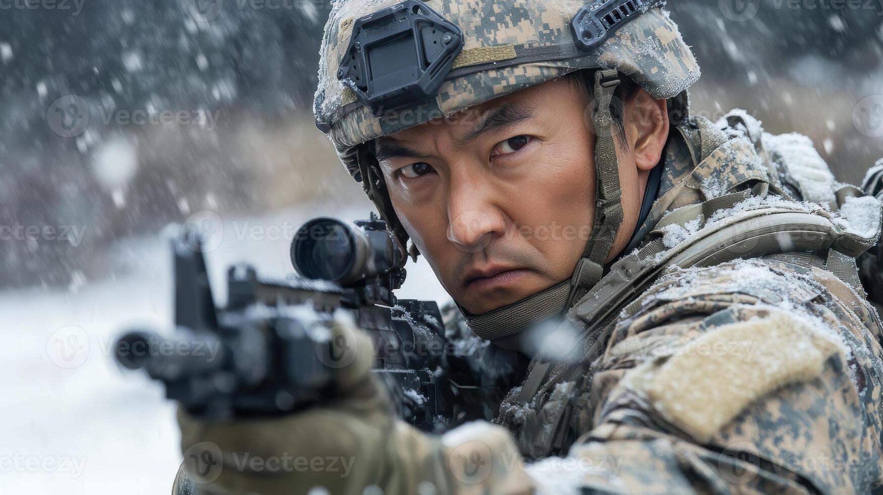 A male soldier stands in a snowy battlefield, holding a rifle and wearing tactical gear, portraying readiness and determination in harsh conditions. photo