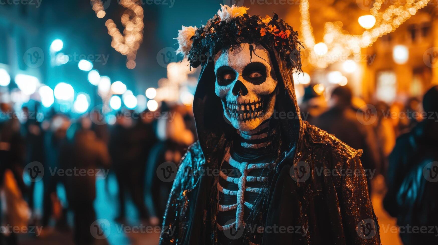 Crowd dressed in skeleton costumes during a nighttime Halloween parade, holding glowing lanterns and creating a spooky festive atmosphere. photo