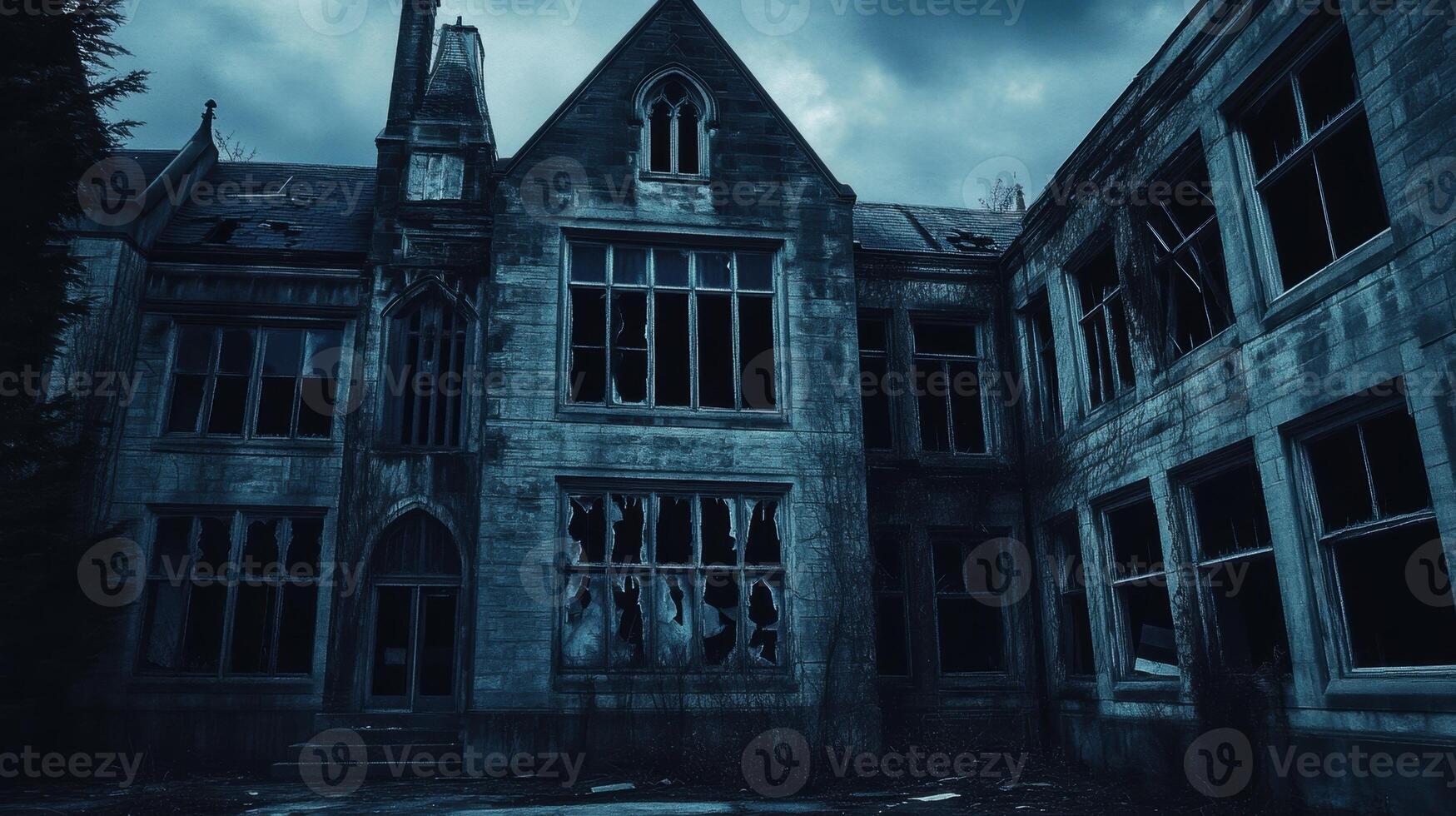 Haunted asylum with broken windows, dark and eerie atmosphere. photo