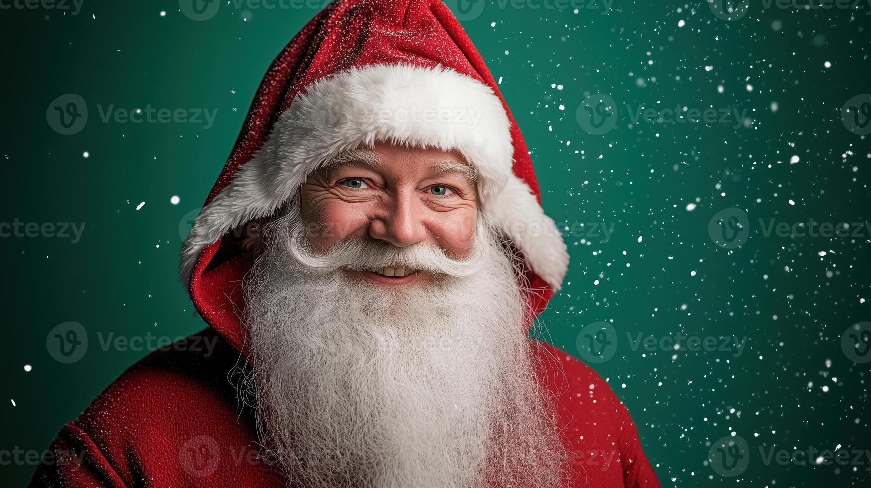 Pere Noel with a joyful smile and a long white beard, dressed in a red hooded cloak with white fur trim, standing against a vibrant green background. photo