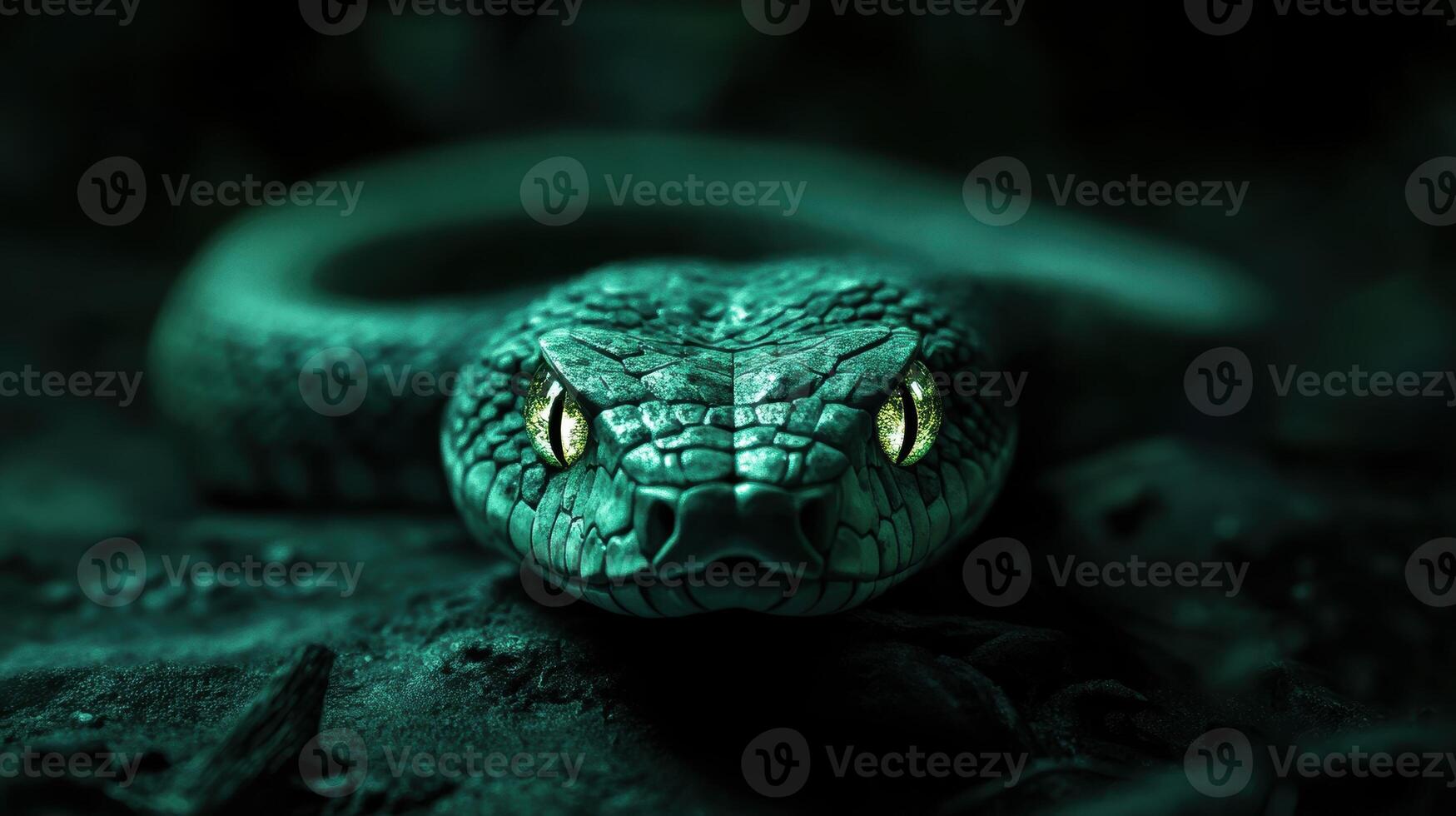 Mystical green wooden snake with glowing eyes, creating a sense of mystery. photo