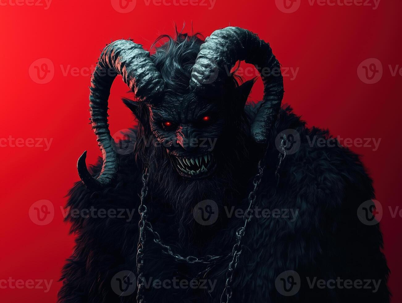 A terrifying Krampus with twisted horns and a menacing grin, dressed in a dark fur coat with chains, stands against a stark red background, embodying Christmas folklore's darker side. photo
