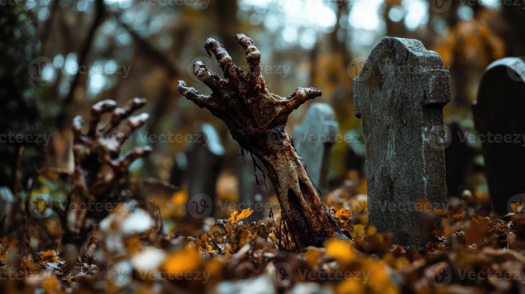 Zombie Hand Emerging from Grave in Cemetery photo