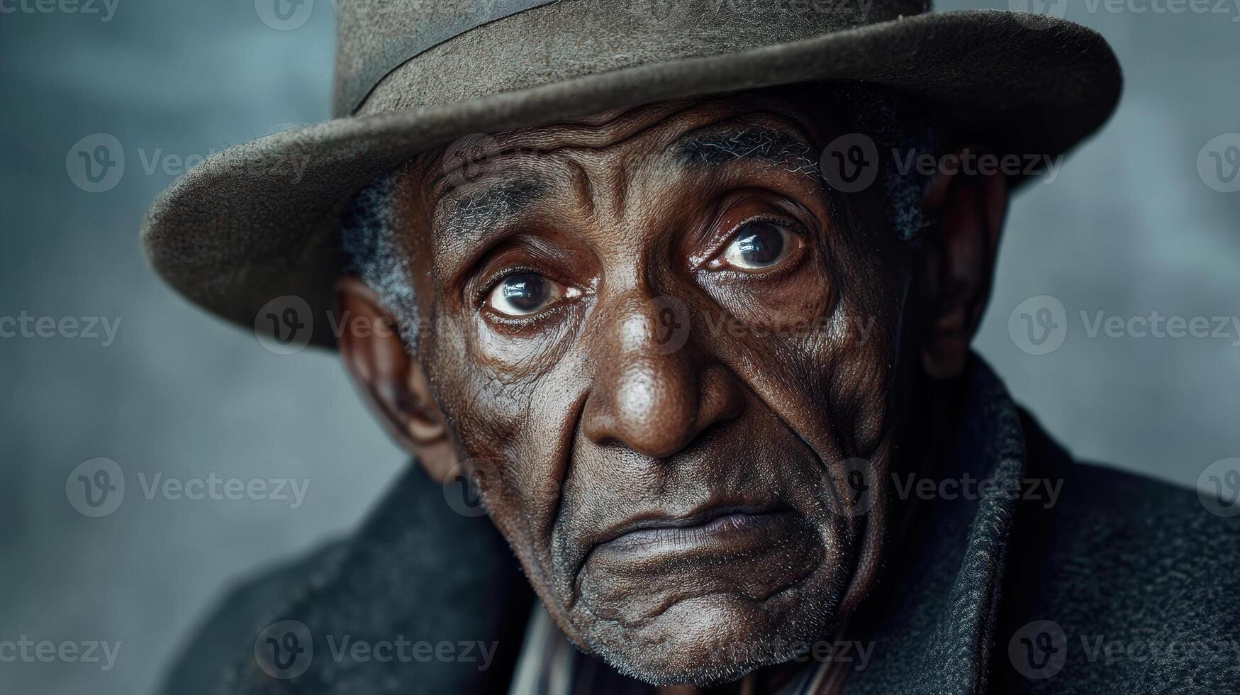 Portrait of an elderly African man with a wrinkled face, wearing a hat and coat, displaying exaggerated confusion against a gray background with subtle lighting. photo