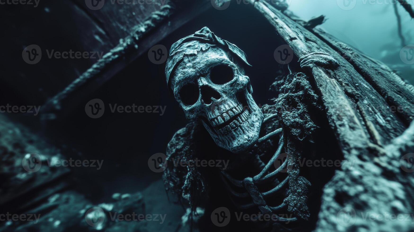 Skeleton in Haunted Shipwreck Underwater Scene photo